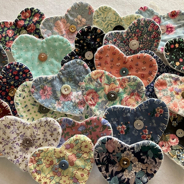 Primitive Cottagecore Farmhouse Vintage Fabric Floral Penny Rug Vintage Button Flower Bird Heart Star  Ornaments - Set of 6