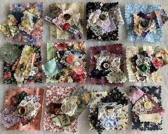 Clusters Snippet Junk Journal Scrapbook Vintage Floral Fabric Button Lace Embellishment Slow Stitch Card Applique