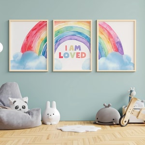 Impresión de arte de pared con afirmaciones de arcoíris - Decoración de habitación de bebé con arcoíris de acuarela - Decoración positiva para guardería, sala de juegos, aula, dormitorio infantil