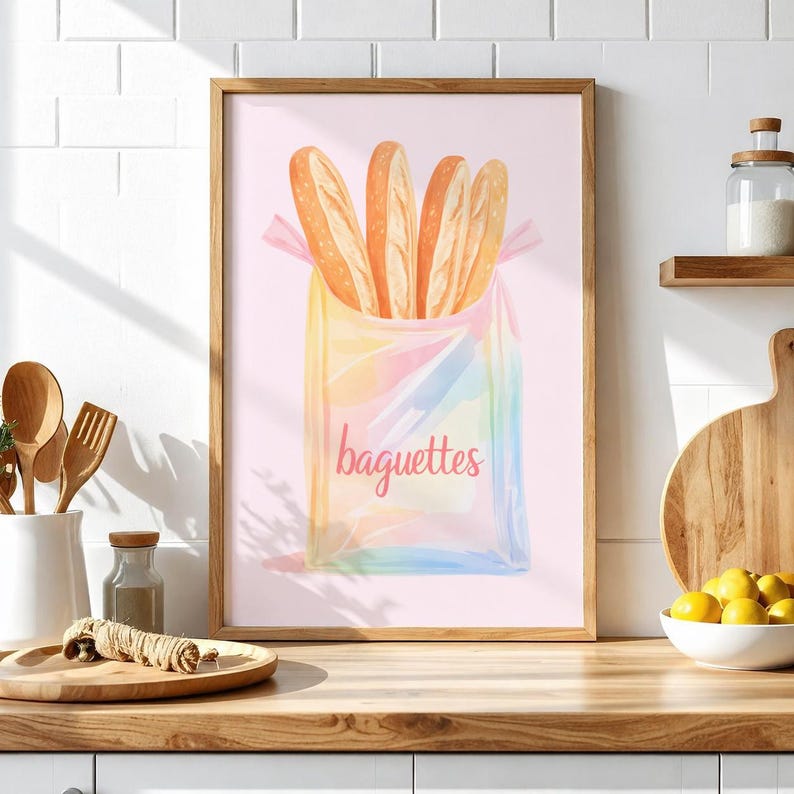 May include: A framed print featuring a watercolor illustration of baguettes in a colorful bag. The bag is a mix of pastel colors, and the word "baguettes" is written in a cursive font. The background is a soft pink.