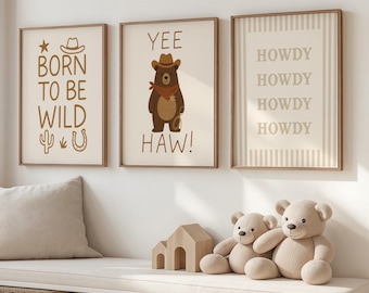Western Nursery Prints: Beige Country Style Farmhouse Decor (Digital Download Set of 3)