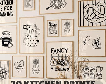 May include: A collection of 20 framed kitchen prints in black and white, featuring various illustrations and text. The prints include images of kitchen utensils, food items, and phrases like "Fancy a Brew?" and "This Kitchen is for Dancing." The words "20 Kitchen Prints Digital Download" are at the bottom.