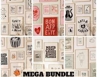 May include: A collection of 147 kitchen-themed wall art prints featuring black and white line drawings, typography, and colorful illustrations of food, drinks, and culinary phrases like Bon Appétit, Cats & Coffee, and Meats and Cheeses Always Pleases.
