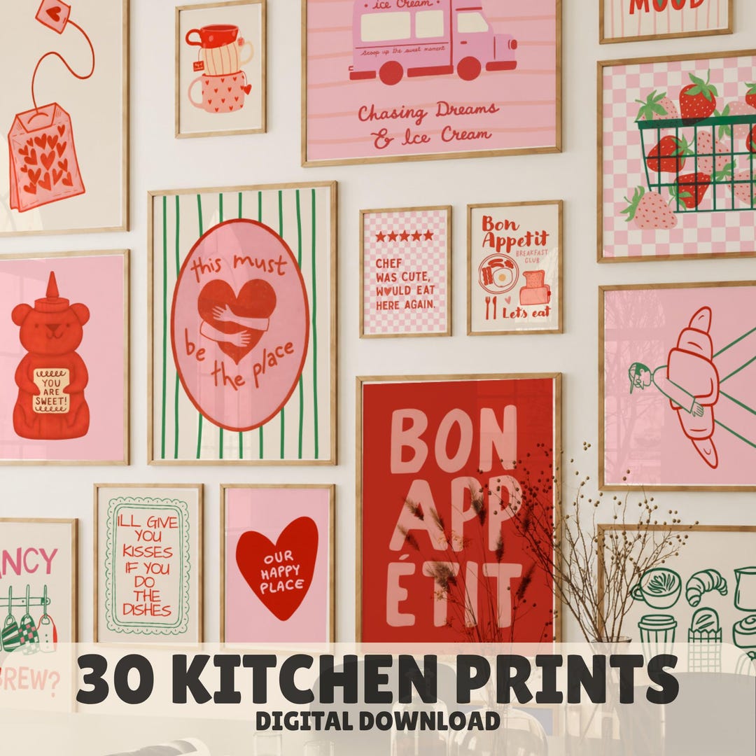 Retro Kitchen Prints, Gallery Wall Set, Trendy Bright Colourful Food ...