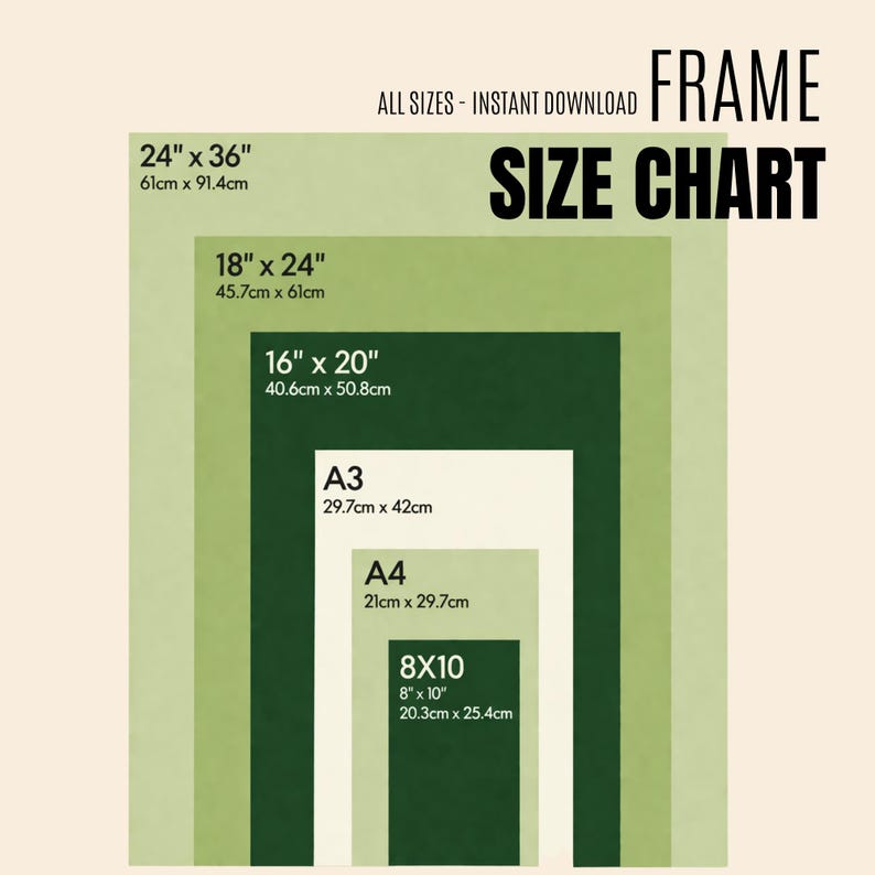 May include: A frame size chart with various dimensions in inches and centimeters. The chart includes sizes like 24" x 36", 18" x 24", 16" x 20", A3, A4, and 8" x 10". Text on the image reads "ALL SIZES - INSTANT DOWNLOAD" and "FRAME SIZE CHART".