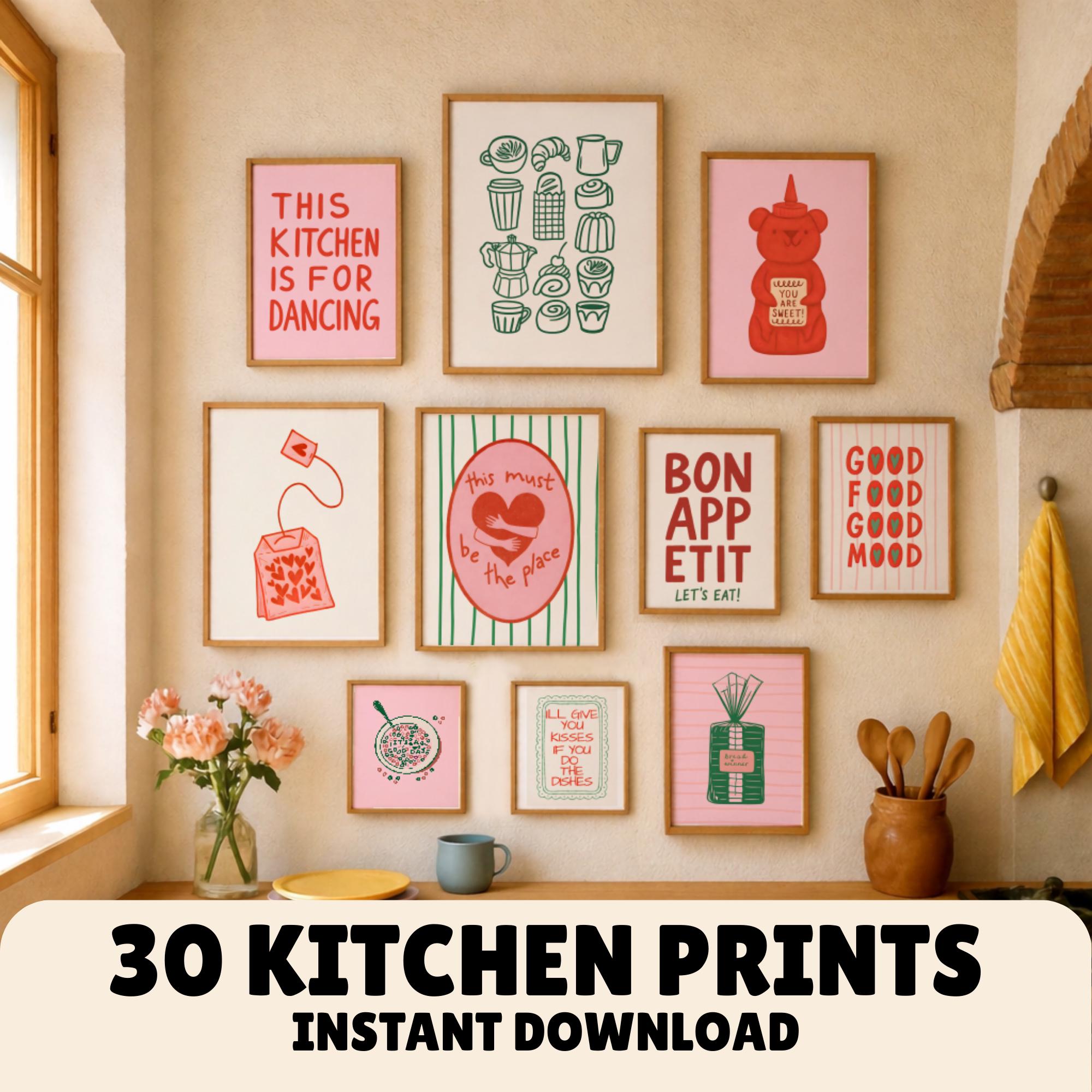retro kitchen prints, set of 3, food wall art (digital... Retro Kitchen Prints, Gallery Wall Set, Trendy Bright Colourful Food ...