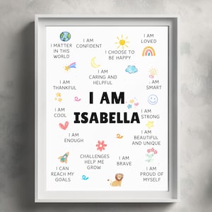 Lámina personalizada con nombre para bebé: arte mural colorido con la frase "Yo soy" para decorar la habitación de tu bebé o habitación infantil. Imagen motivacional personalizada para la sala de juegos.