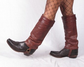 RESERVED vintage HARNESS black and brown leather womans cowboy cowgirl tall cuffed campus stacked heel boots sz womans us 10
