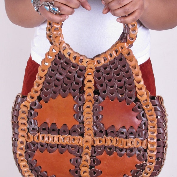 Large 70s Vintage Leather Link HoBo BoHo Slouch Leather Woven Weave Shopping Shoulder Bag Purse Tote