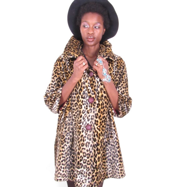 vintage 70s tent swing cheetah leopard print faux vegan fur coat womans jacket sz xs-lg