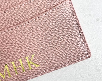 Personalized Light Pink Leather Card Holder, Customized leather Card wallet, Monogram Leather Card Case