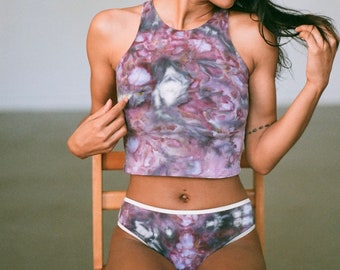 SALE - SET - Large Top + Any Size Panty - Purple Tie Dye Halter Crop Top and Mid Rise Bikini Sold Together - Hand Dyed Cotton Lingerie