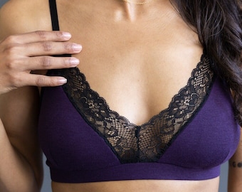 Purple Bamboo / Cotton Adjustable Back Bra with Removable Pads - 'Calla' Style with Black Lace - Comfortable Supportive Padded Handmade Bra