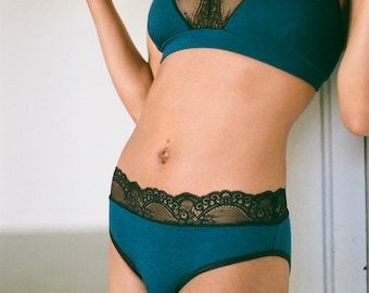 Teal Bamboo Cotton Panties With Sheer Black Lace Trim Comfortable