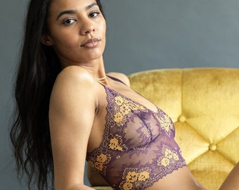 Bralette de encaje en morado y dorado - Sujetador de encaje hecho a mano ajuste personalizado - Lencería cómoda para mujer - Estilo Sassafras