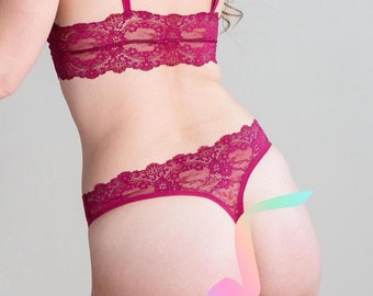Raspberry Lace Thong - Pink 'Oleander' Lacy Panties - Handmade Custom Fit Lingerie
