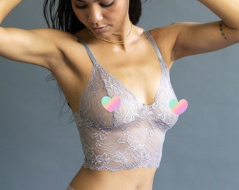 Lace Bralette - Silver Lacy Sheer Bra - Handmade Custom Fit Lingerie - 'Sassafras' Style - Comfortable Bra