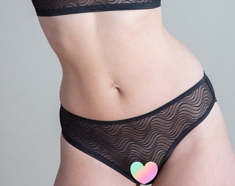 Schwarzes Netzhöschen - Italienische Eco Mesh Mid Rise Panty - Durchsichtige handgefertigte, individuell angepasste Dessous