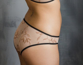 Sheer Mesh Golden Leaves 'Morning Glory' Estilo Panty - Ver a través de bragas - Hecho a la orden lencería de las mujeres