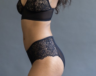 Mesh and Lace Panties - 'Senna' Mid Rise Sheer See Through Panty - Handmade Custom Fit Lingerie