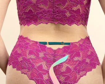 Fuchsia Cheeky Panties with Teal Adjustable Strap - 'Sugarberry' Style Custom Fit Handmade Lingerie