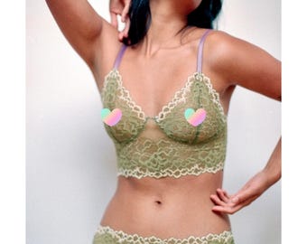 Bright Green Lace Bra - Lime Lacy Bralette with Pink Straps - Handmade Custom Fit Lingerie