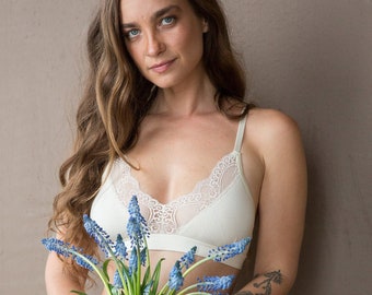 Ivory Organic Cotton Bra with Removable Padding, Supportive Underbust, and Adjustable Back - 'Calla' Style Cotton Bralette - Custom Fit