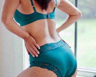 Teal Bamboo Cotton Panties with Lace Trim - Comfortable Blue 'Lily of the Valley' Style Panty - Handmade Custom Fit Lingerie