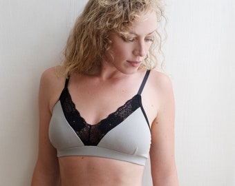 Bamboo/Cotton Adjustable Back Bra with Removable Padding - 'Calla' Style Gray with Black Lace - Comfortable Handmade Bra