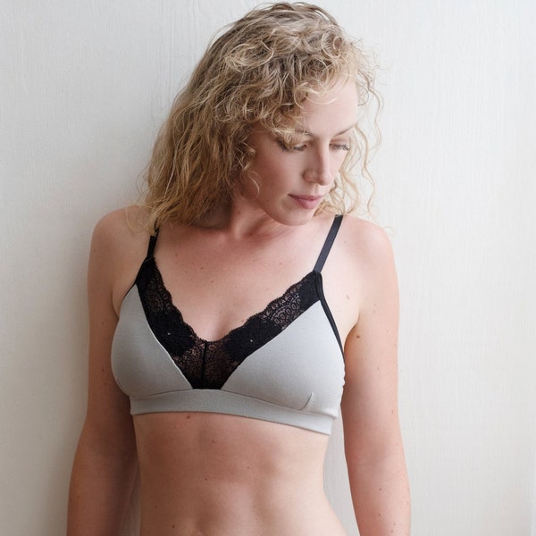 Bamboo/Cotton Adjustable Back Bra with Removable Padding - 'Calla' Style Gray with Black Lace - Comfortable Handmade Bra