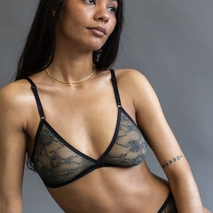 Green French Lace Bralette See Through Sheer 'Passionflower' Back Closure Bra Custom Fit Lingerie Made To Order Handmade image 1