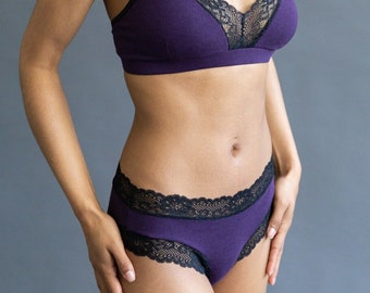 Bamboo / Cotton Panties - Purple with Black Lace Panty - Comfortable Handmade Underwear Lingerie