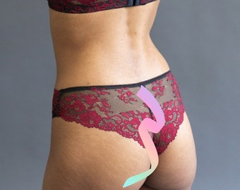 Cheeky Lace Thong - Red and Black Lacy 'Jasmine' Panty - Handmade Custom Fit Sexy Lingerie