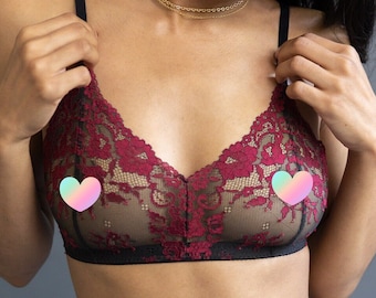 Red and Black Lace Bra - 'Lobelia' Adjustable Back Lacy Bralette with Supportive Elastic Underbust - Custom Fit Lingerie