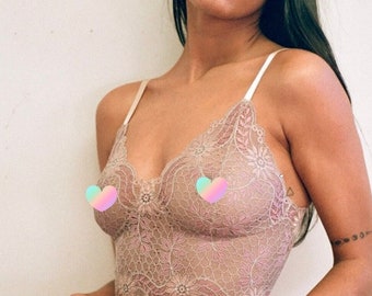 Lace Bralette in Tan/Nude with Pink Floral - Lacy Bra Handmade Custom Fit - Comfortable Womens Lingerie - Sassafras Style