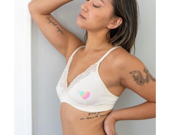 Ivory Organic Cotton Adjustable Back Bra - 'Camellia' with Ivory and Gold Lace Supportive Comfortable Bralette - Lingerie