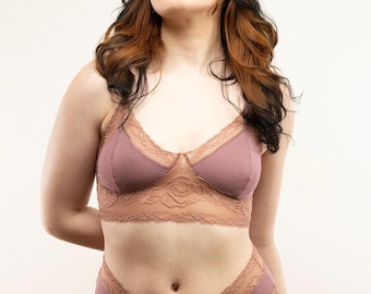 Bamboo Cotton Jersey and Stretch Lace Bra -  Mauve and Terracotta 'Angel's Trumpet' Style Bralette