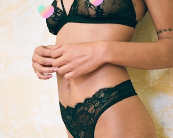 Franse wimper kant string - zwarte kant en mesh midrise string panty - pure doorzichtige slipje - handgemaakte custom fit lingerie