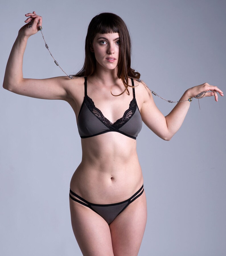 BambooCotton Bra with Adjustable Back Hook Closure Made To Order Lingerie /' Bird of Paradise/' Bra Gray with Black Lace