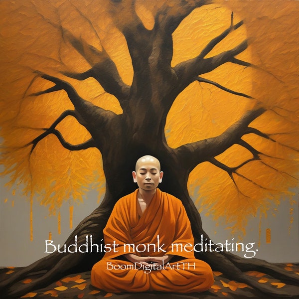 Buddhist monk meditating under bodhi tree.