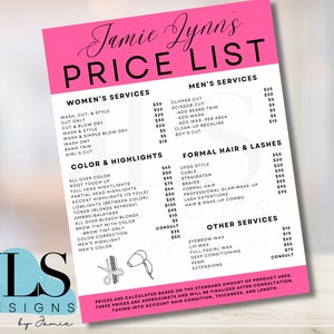 Hair Salon Editable Price List Template Hair Stylist Pricing List Salon