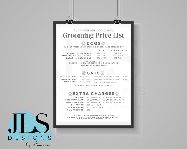 Grooming Price List Template - Services Price List Template - Small ...