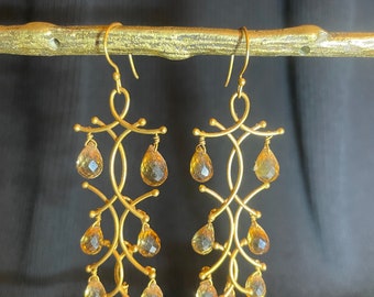 Gold and amber glass chandelier earrings