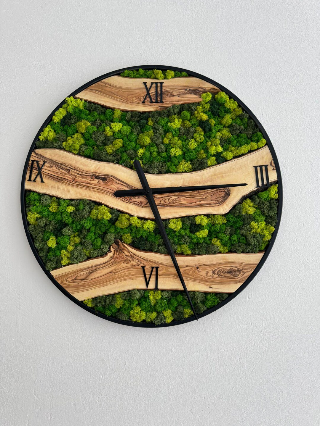 Olive Wood and Preserved Moss Wall Clock, Real Live Edge Wood, Green ...