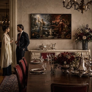 Op de afbeelding: Een groot rechthoekig olieverfschilderij met een tweekleurig landschap met een centrale fontein, een cherubijnbeeld en twee figuren, tentoongesteld in een formele eetkamer met een donkerhouten tafel en rode fluwelen stoelen.