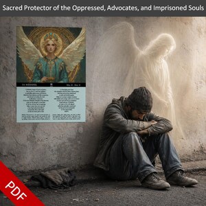 May include: An image depicting a spiritual theme. It features a person sitting with their head down, a ghostly angel figure, and a framed image of an angel with text. The text reads "Sacred Protector of the Oppressed, Advocates, and Imprisoned Souls."