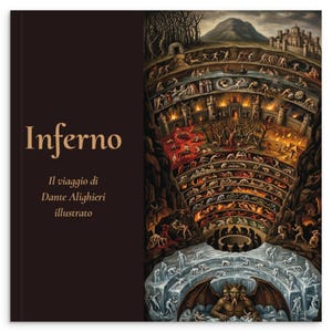 Op de afbeelding: Een hardcover boek getiteld Inferno: Il viaggio di Dante Alighieri illustrato. De kaft heeft een donkerbruin linkerpaneel met gouden tekst en een gedetailleerde, gelaagde illustratie van de negen cirkels van de hel aan de rechterkant.