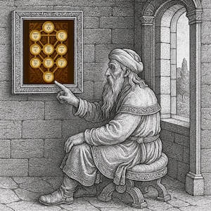Può includere: Illustrazione dettagliata di un uomo anziano con una lunga barba, seduto e che indica un diagramma incorniciato. Il diagramma presenta cerchi interconnessi con testo ebraico. La scena è ambientata in una stanza con pareti in pietra e una finestra.
