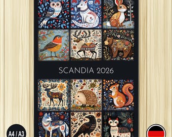 Scandia – Schwedischer Tier-Volkskunstkalender 2026 – Nordisch (A3/A4 – Deutschland)