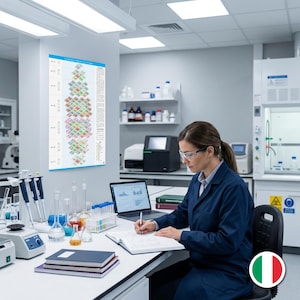 May include: A laboratory scene with a woman in a blue lab coat and safety glasses working at a desk. A poster with scientific diagrams hangs on the wall. Beakers, test tubes, and a laptop are on the desk.